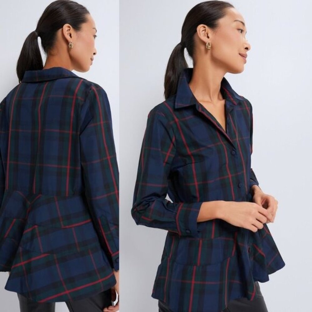 Pomander Place NEW Fraser Navy Plaid Ashlen Peplum Long Sleeve Blouse Top Size L - Picture 2 of 9